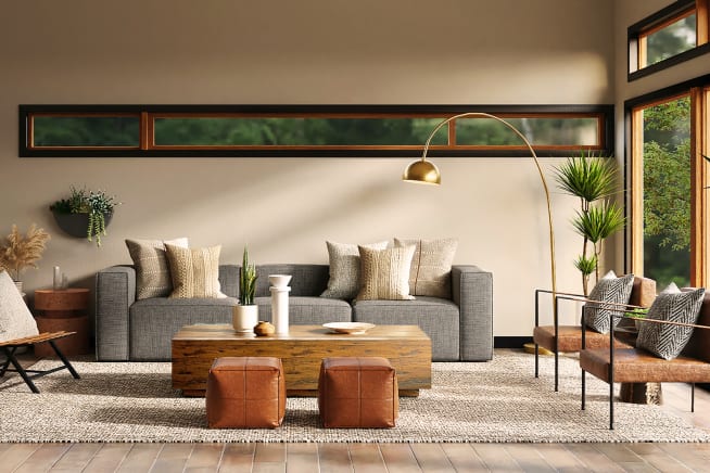 Japanese styled lounge: long with window over a grey sofa