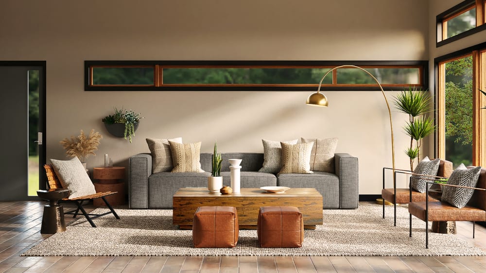 Japanese styled lounge: long with window over a grey sofa