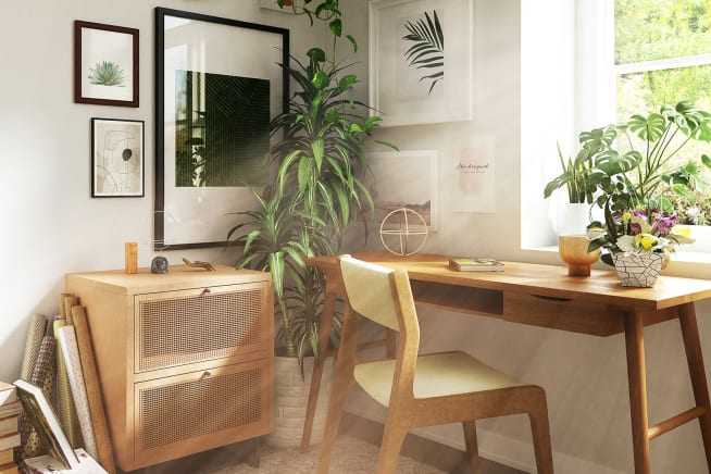 Rays of light entering a home office with houseplants on the desk and in the corner of the room