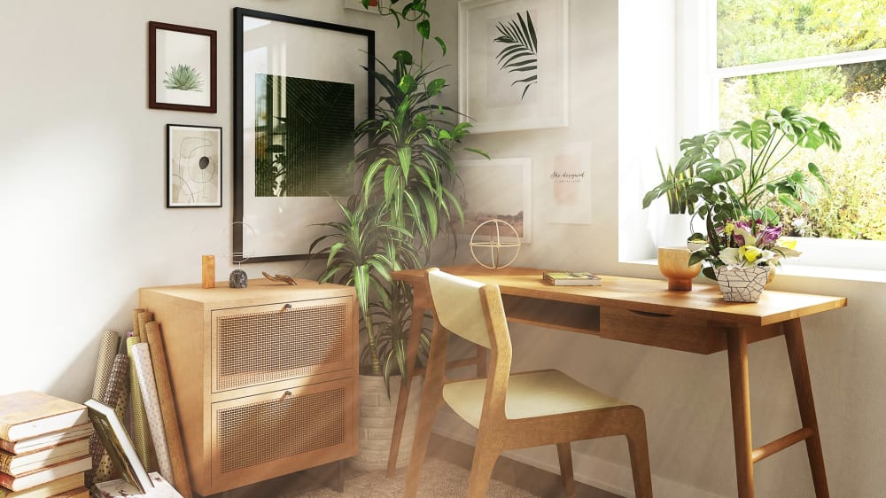 Rays of light entering a home office with houseplants on the desk and in the corner of the room