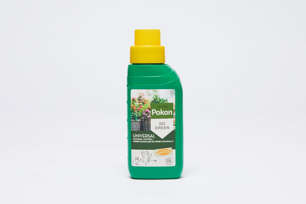 A 250ml bottle of Pokon plant fertiliser on a studio background